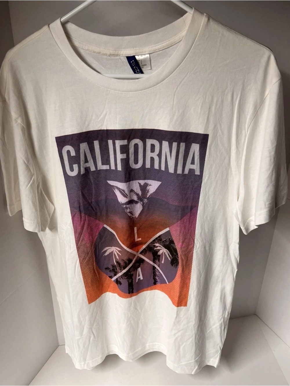H&M White California Graphic Tee with Purple-Pink-Orange Print